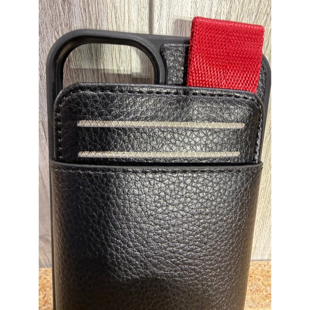LAMEEKU iPhone 13 Pro Max Wallet Case Black Pebbled Leather Card Holder Red Tab - Picture 2 of 6
